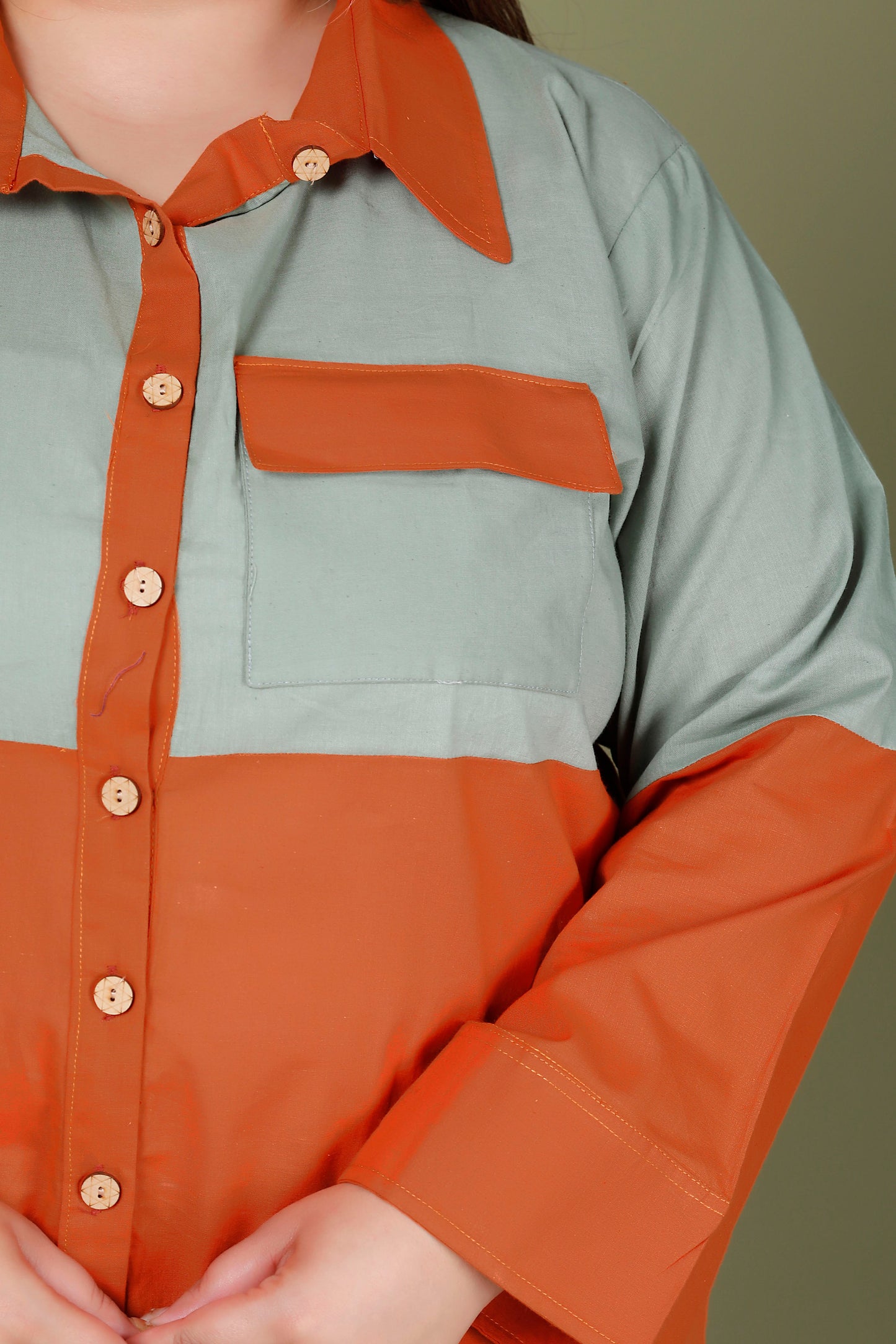 COLOURBLOCK SHIRT STYLE COTTON TOP IN SAGE GREEN/BURNT ORANGE COLOUR BY PLUSSIZEKURTI