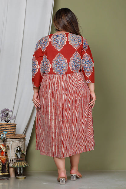 JAIPURI MOTIF BUTTA PRINT COTTON DRESS IN DUST RED/BEIGE BY PLUSSIZEKURTI