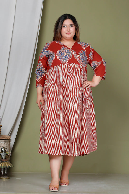 JAIPURI MOTIF BUTTA PRINT COTTON DRESS IN DUST RED/BEIGE BY PLUSSIZEKURTI
