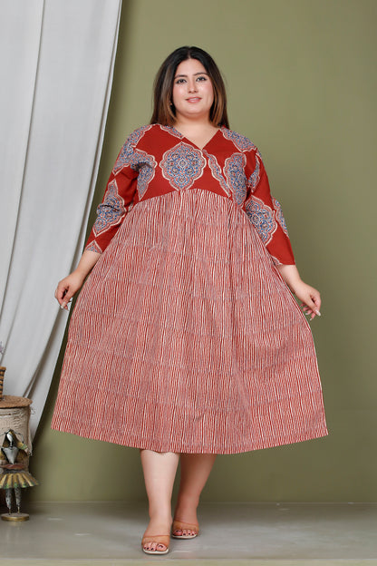 JAIPURI MOTIF BUTTA PRINT COTTON DRESS IN DUST RED/BEIGE BY PLUSSIZEKURTI