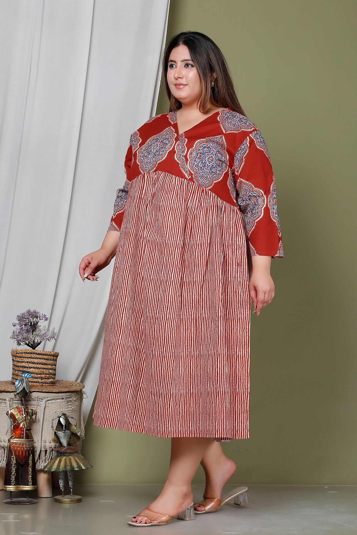 JAIPURI MOTIF BUTTA PRINT COTTON DRESS IN DUST RED/BEIGE BY PLUSSIZEKURTI