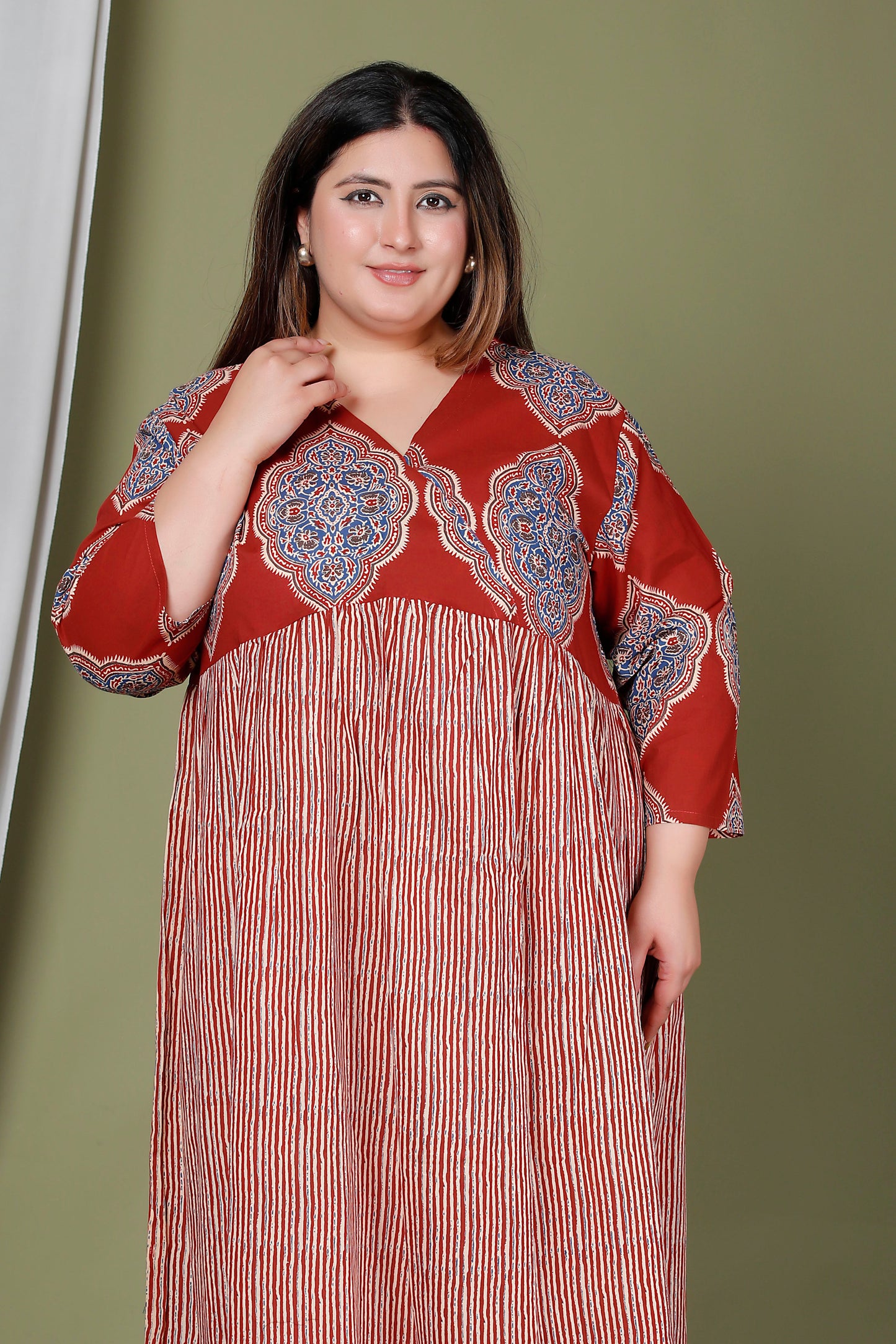 JAIPURI MOTIF BUTTA PRINT COTTON DRESS IN DUST RED/BEIGE BY PLUSSIZEKURTI