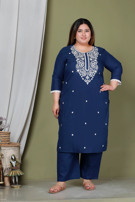 CHIKANKARI FLORAL EMBROIDERY BUTTI COTTON 2 PEICE KURTA PANT IN NAVY BLUE BY PLUSSIZEKURTI