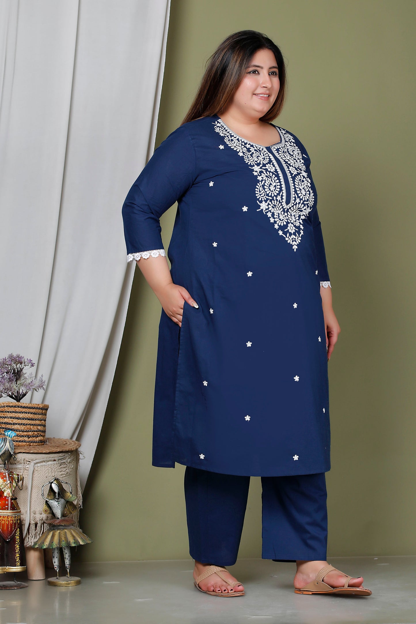 CHIKANKARI FLORAL EMBROIDERY BUTTI COTTON 2 PEICE KURTA PANT IN NAVY BLUE BY PLUSSIZEKURTI