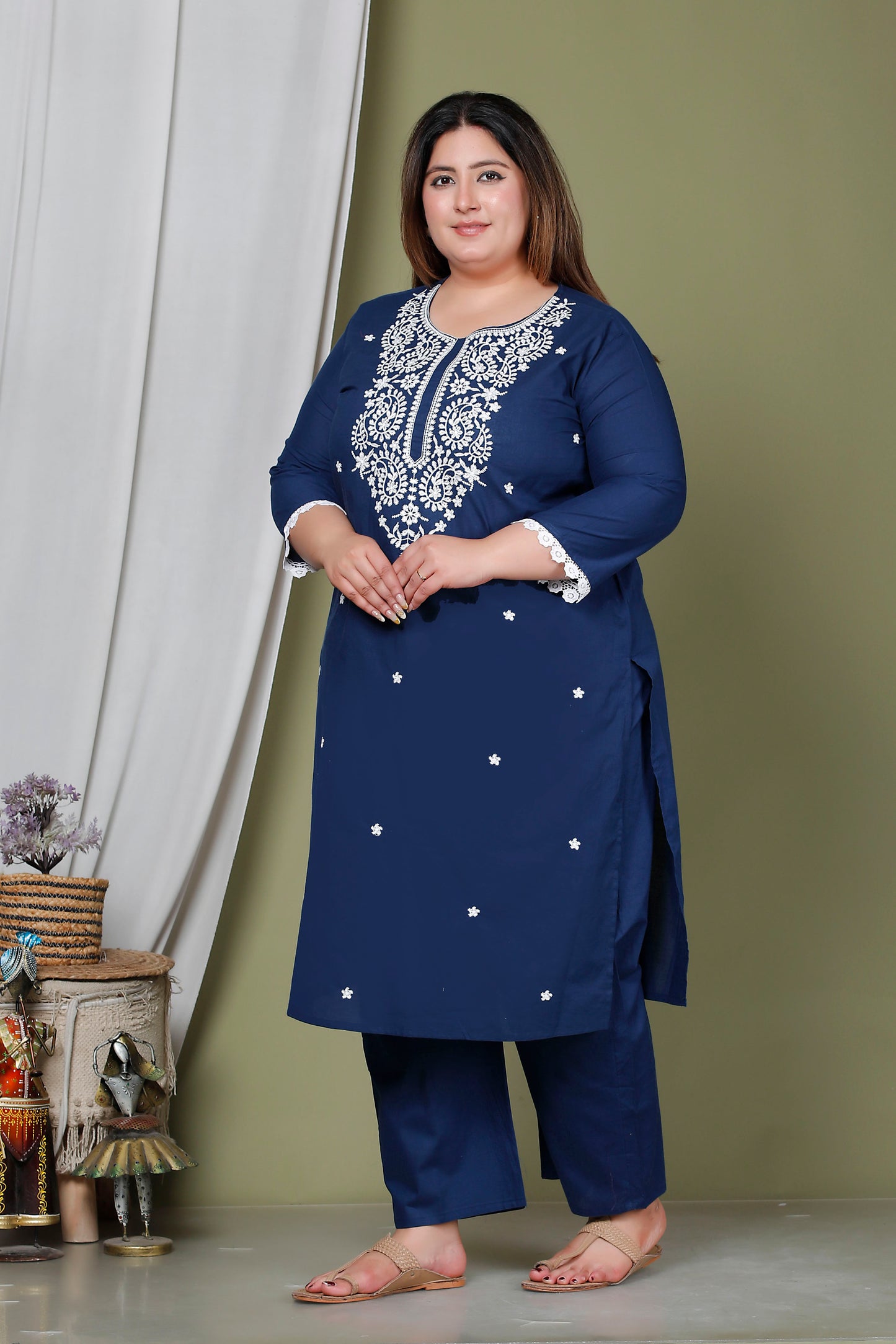 CHIKANKARI FLORAL EMBROIDERY BUTTI COTTON 2 PEICE KURTA PANT IN NAVY BLUE BY PLUSSIZEKURTI