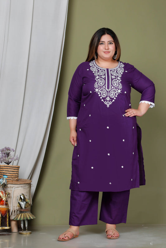 CHIKANKARI FLORAL EMBROIDERY BUTTI COTTON 2 PEICE KURTA PANT IN PURPLE BY PLUSSIZEKURTI