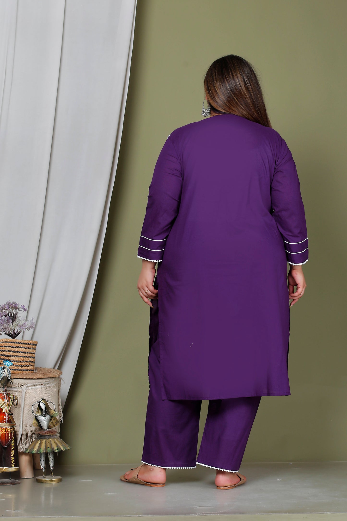 SOLID LACE DETAILING COTTON 2 PEICE KURTA PANT IN PURPLE BY PLUSSIZEKURTI