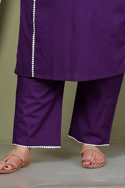 SOLID LACE DETAILING COTTON 2 PEICE KURTA PANT IN PURPLE BY PLUSSIZEKURTI