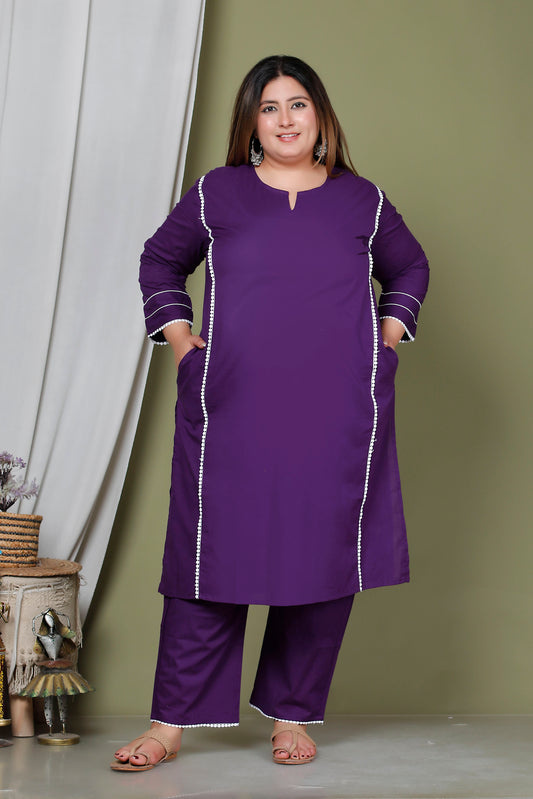 SOLID LACE DETAILING COTTON 2 PEICE KURTA PANT IN PURPLE BY PLUSSIZEKURTI