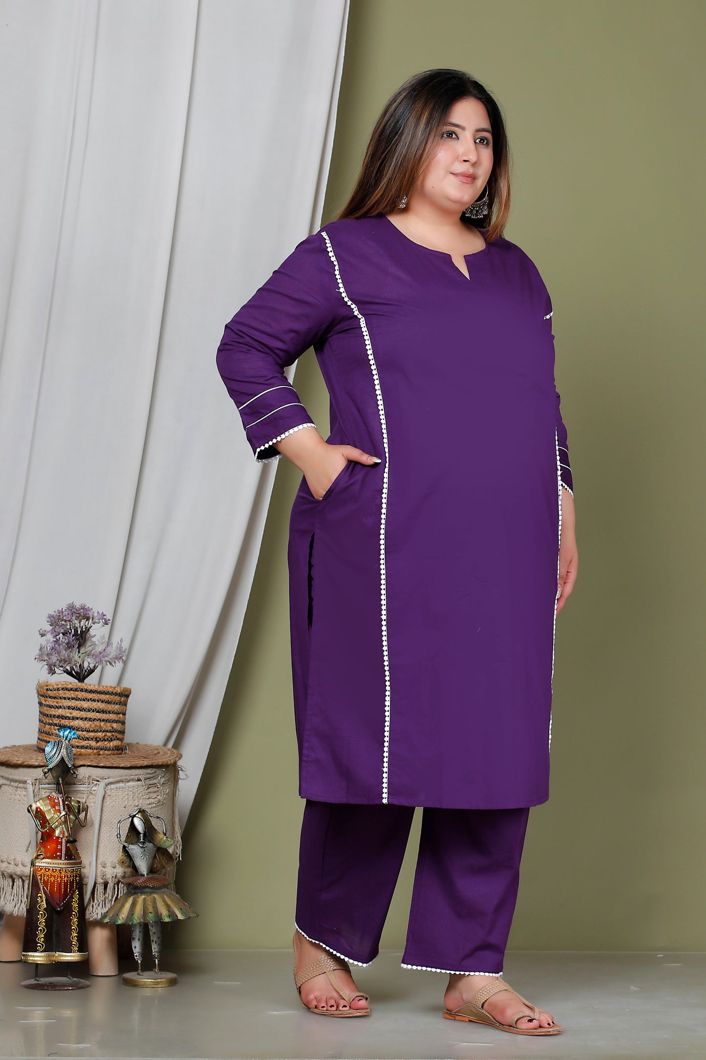 SOLID LACE DETAILING COTTON 2 PEICE KURTA PANT IN PURPLE BY PLUSSIZEKURTI
