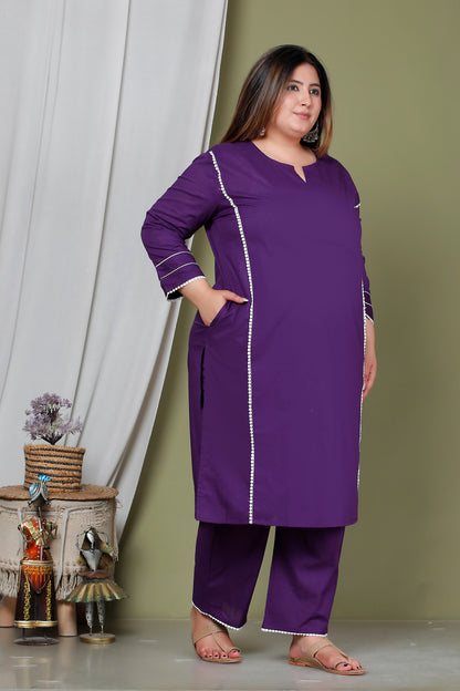 SOLID LACE DETAILING COTTON 2 PEICE KURTA PANT IN PURPLE BY PLUSSIZEKURTI