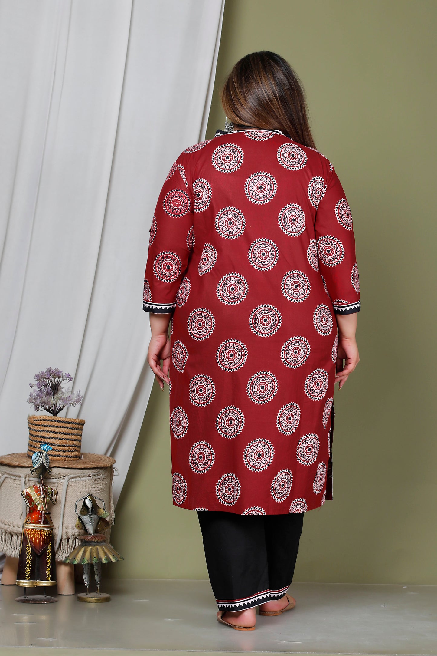 AJRAKH FOLK PRINT COTTON 2 PEICE KURTA PANT IN MAROON RED BY PLUSSIZEKURTI