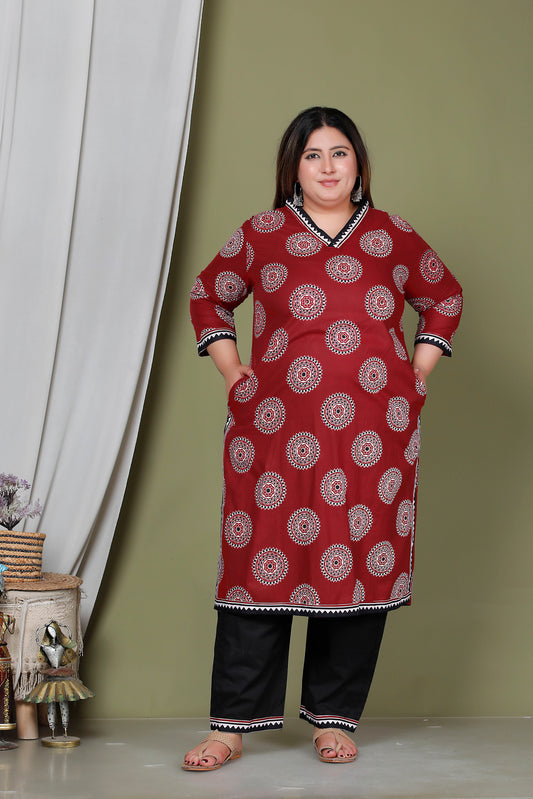 AJRAKH FOLK PRINT COTTON 2 PEICE KURTA PANT IN MAROON RED BY PLUSSIZEKURTI