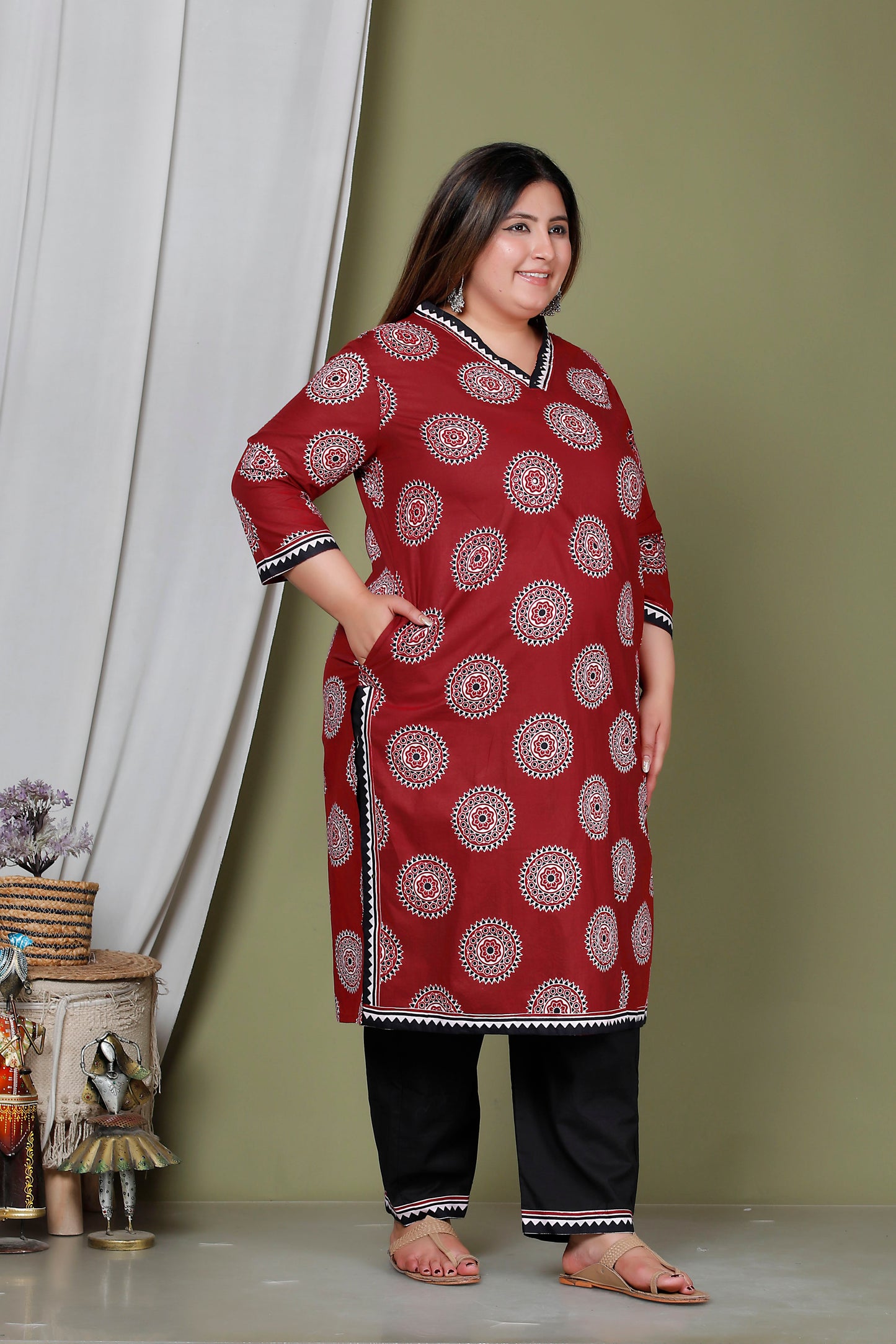 AJRAKH FOLK PRINT COTTON 2 PEICE KURTA PANT IN MAROON RED BY PLUSSIZEKURTI