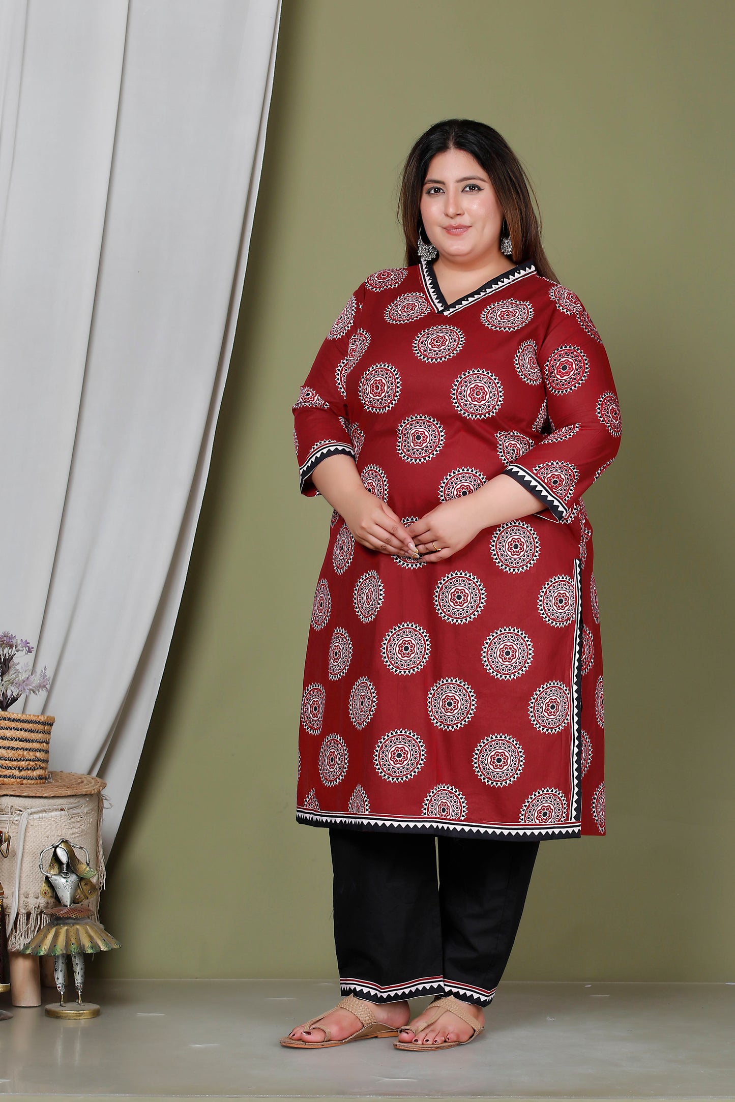 AJRAKH FOLK PRINT COTTON 2 PEICE KURTA PANT IN MAROON RED BY PLUSSIZEKURTI