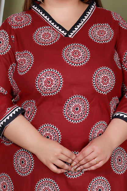 AJRAKH FOLK PRINT COTTON 2 PEICE KURTA PANT IN MAROON RED BY PLUSSIZEKURTI