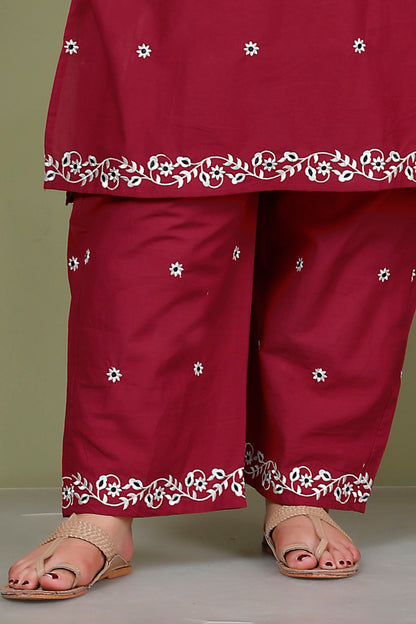 FLORAL EMBROIDERY BUTTI COTTON 2 PEICE KURTA PANT IN WINEPINK BY PLUSSIZEKURTI