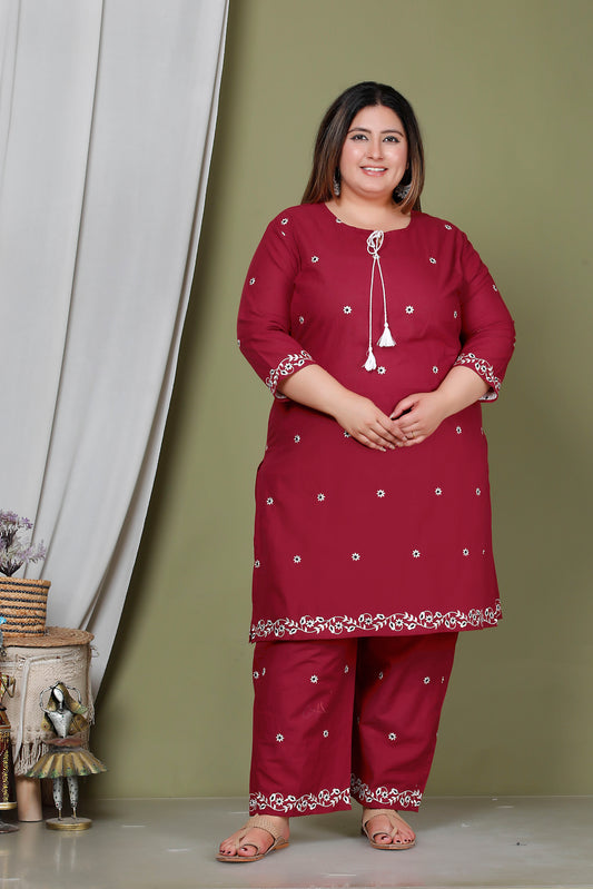 FLORAL EMBROIDERY BUTTI COTTON 2 PEICE KURTA PANT IN WINEPINK BY PLUSSIZEKURTI