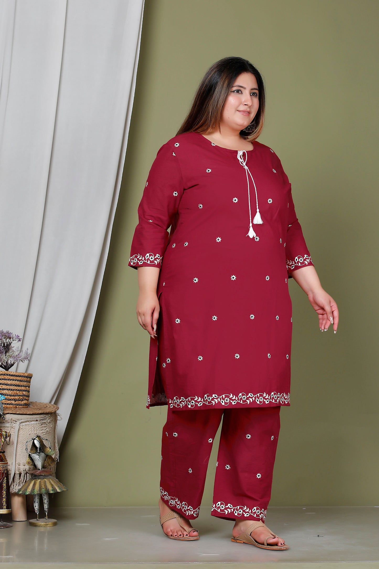 FLORAL EMBROIDERY BUTTI COTTON 2 PEICE KURTA PANT IN WINEPINK BY PLUSSIZEKURTI