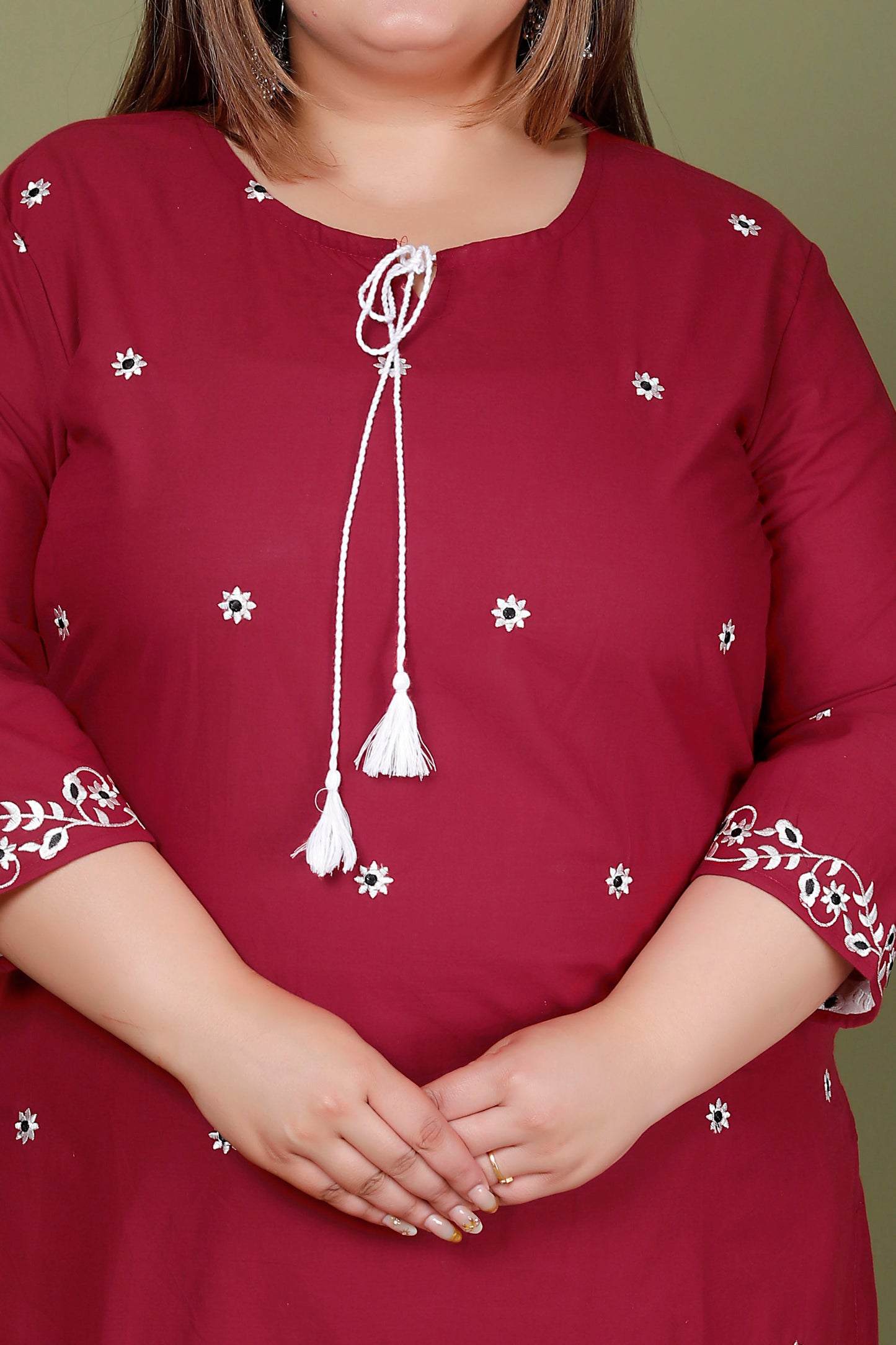 FLORAL EMBROIDERY BUTTI COTTON 2 PEICE KURTA PANT IN WINEPINK BY PLUSSIZEKURTI