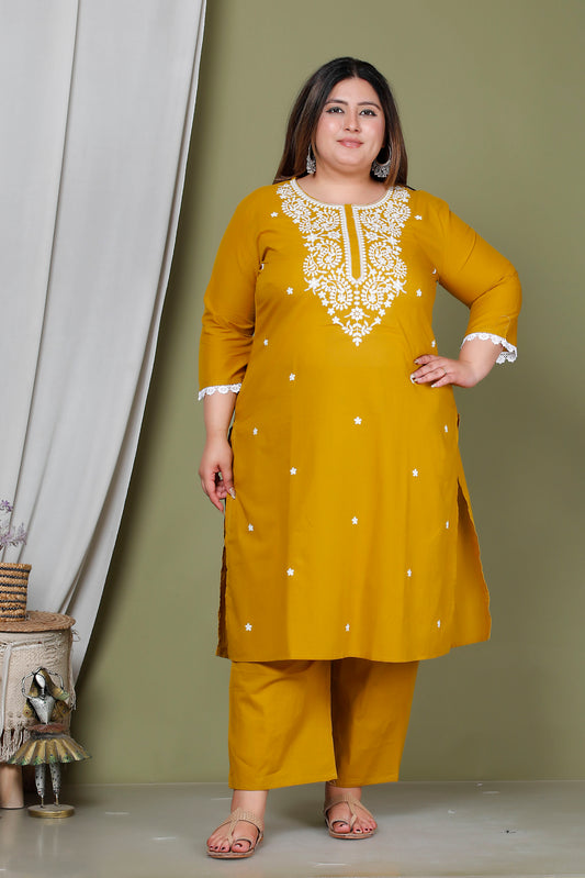 CHIKANKARI FLORAL EMBROIDERY BUTTI COTTON 2 PEICE KURTA PANT IN YELLOW BY PLUSSIZEKURTI