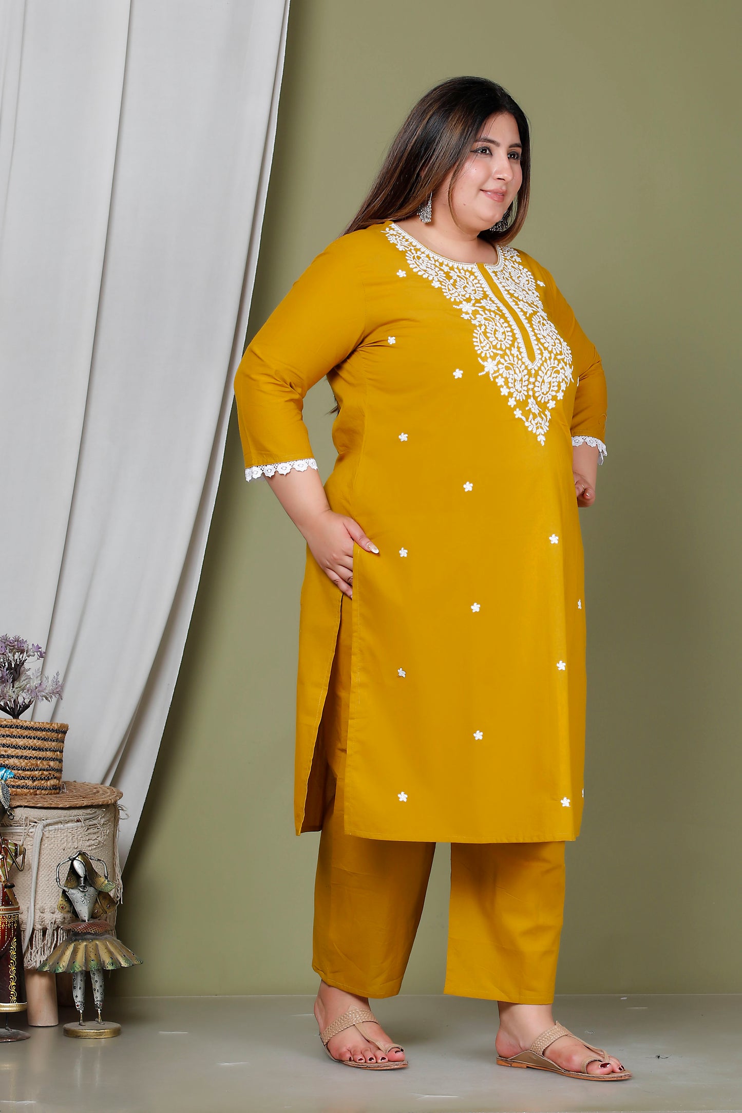 CHIKANKARI FLORAL EMBROIDERY BUTTI COTTON 2 PEICE KURTA PANT IN YELLOW BY PLUSSIZEKURTI