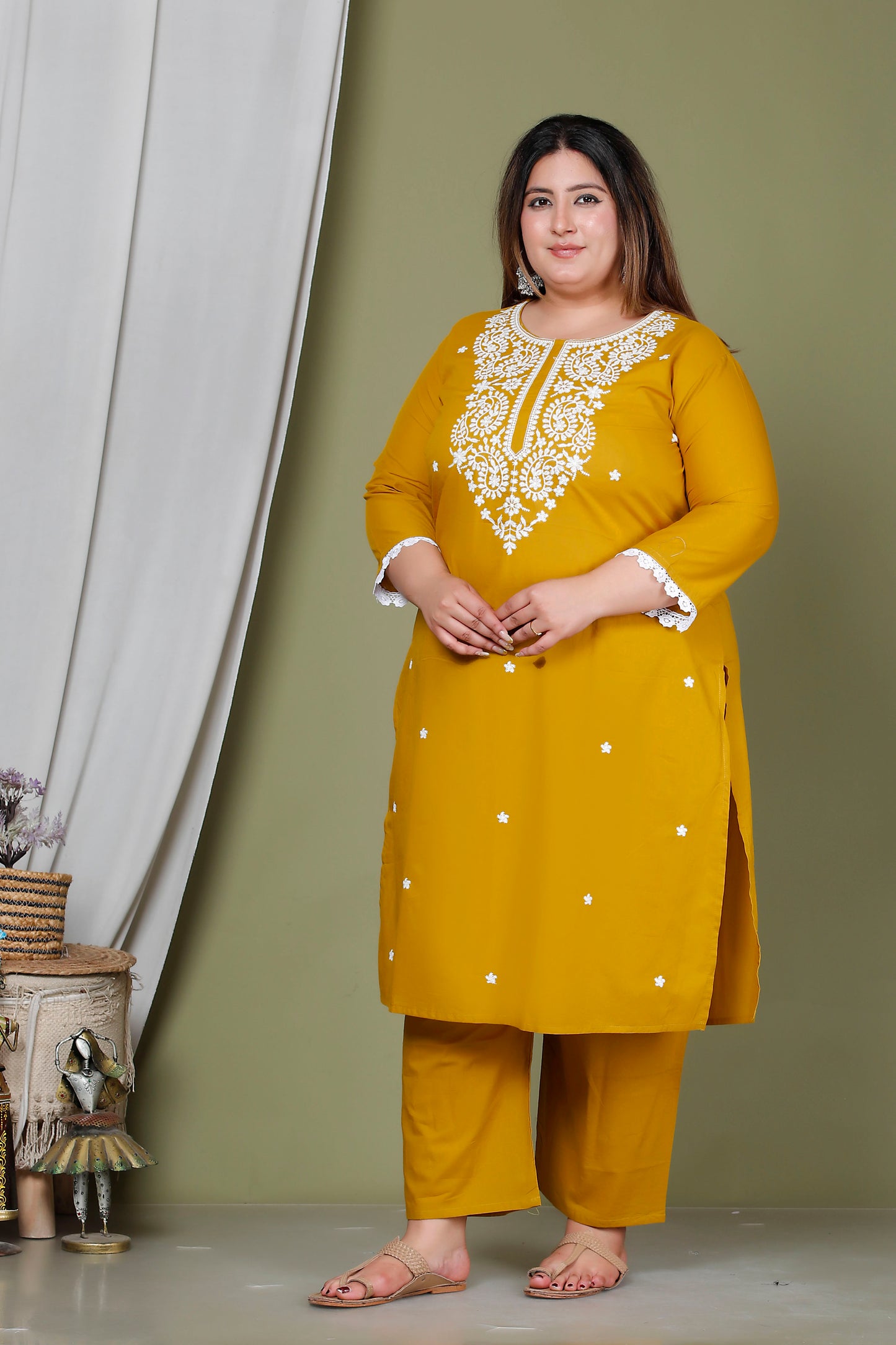 CHIKANKARI FLORAL EMBROIDERY BUTTI COTTON 2 PEICE KURTA PANT IN YELLOW BY PLUSSIZEKURTI