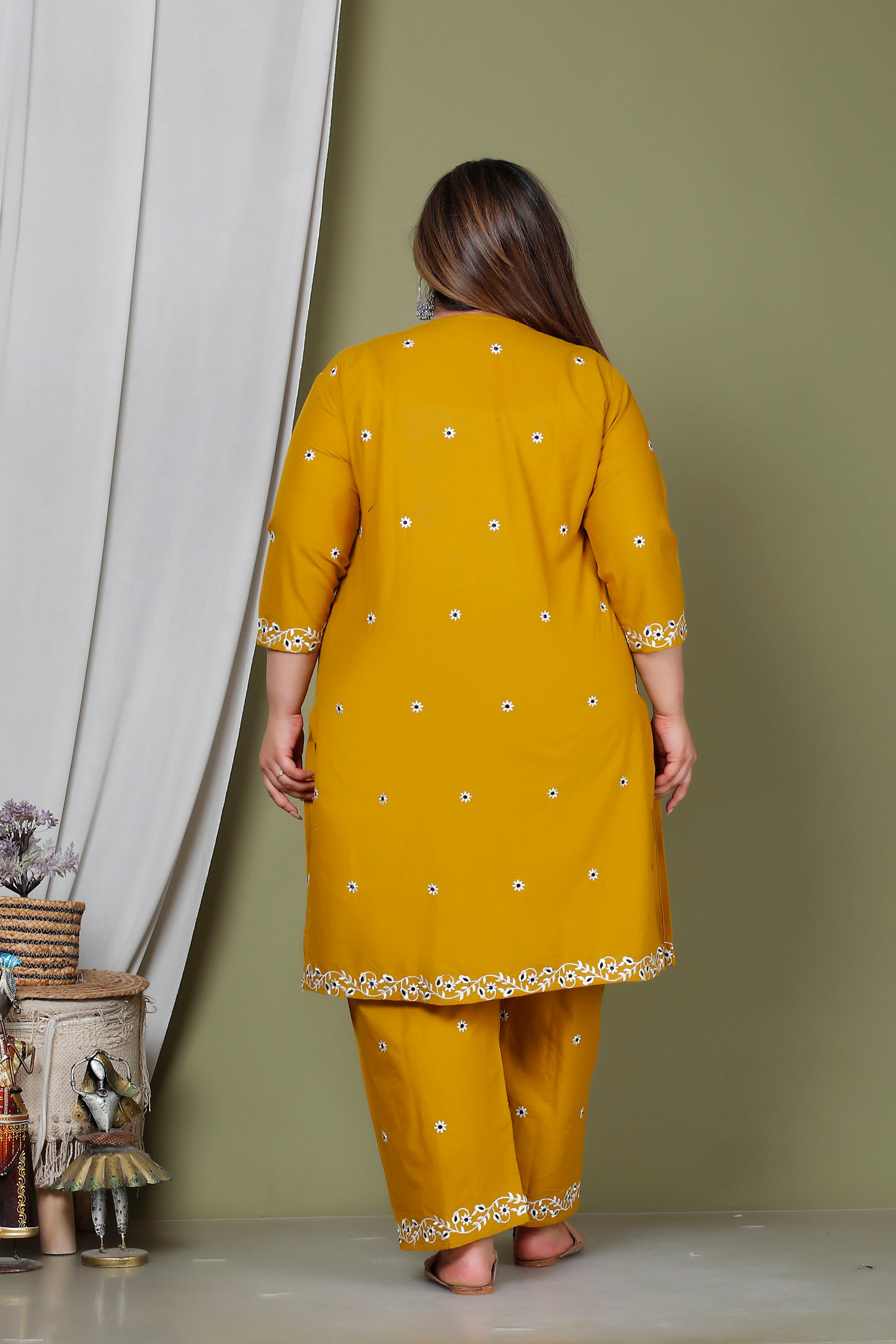 FLORAL EMBROIDERY BUTTI COTTON 2 PEICE KURTA PANT IN YELLOW BY PLUSSIZEKURTI