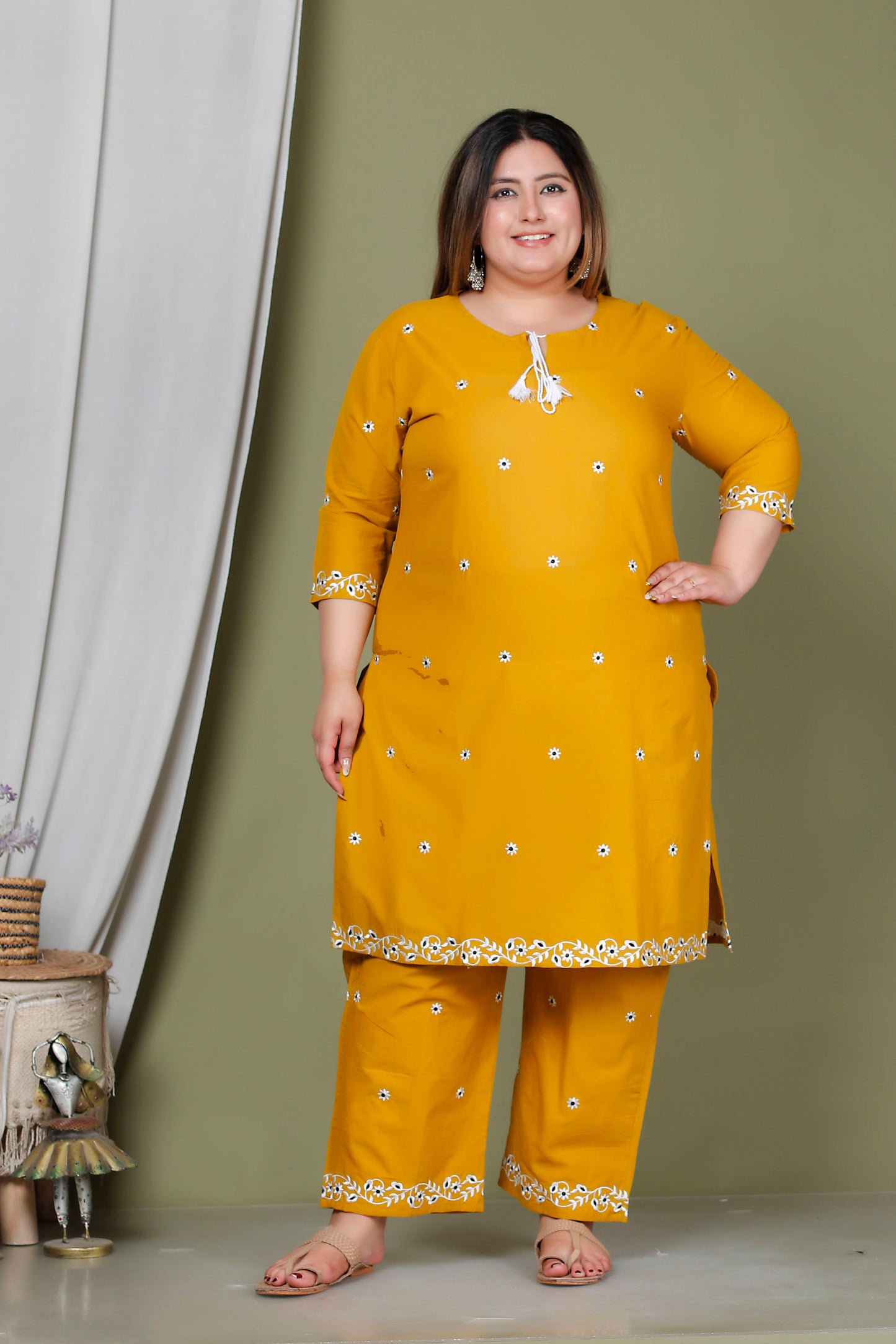 FLORAL EMBROIDERY BUTTI COTTON 2 PEICE KURTA PANT IN YELLOW BY PLUSSIZEKURTI