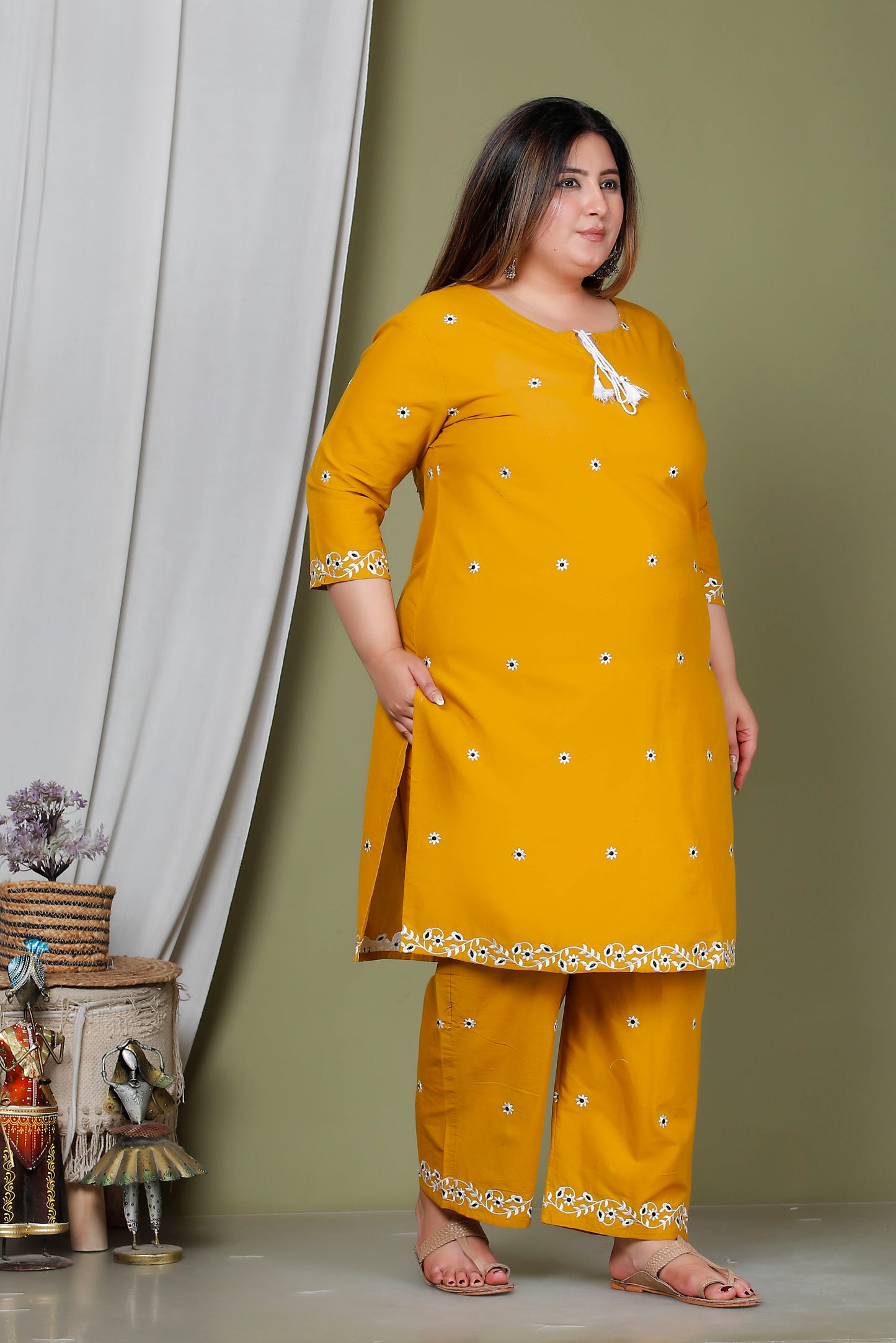 FLORAL EMBROIDERY BUTTI COTTON 2 PEICE KURTA PANT IN YELLOW BY PLUSSIZEKURTI