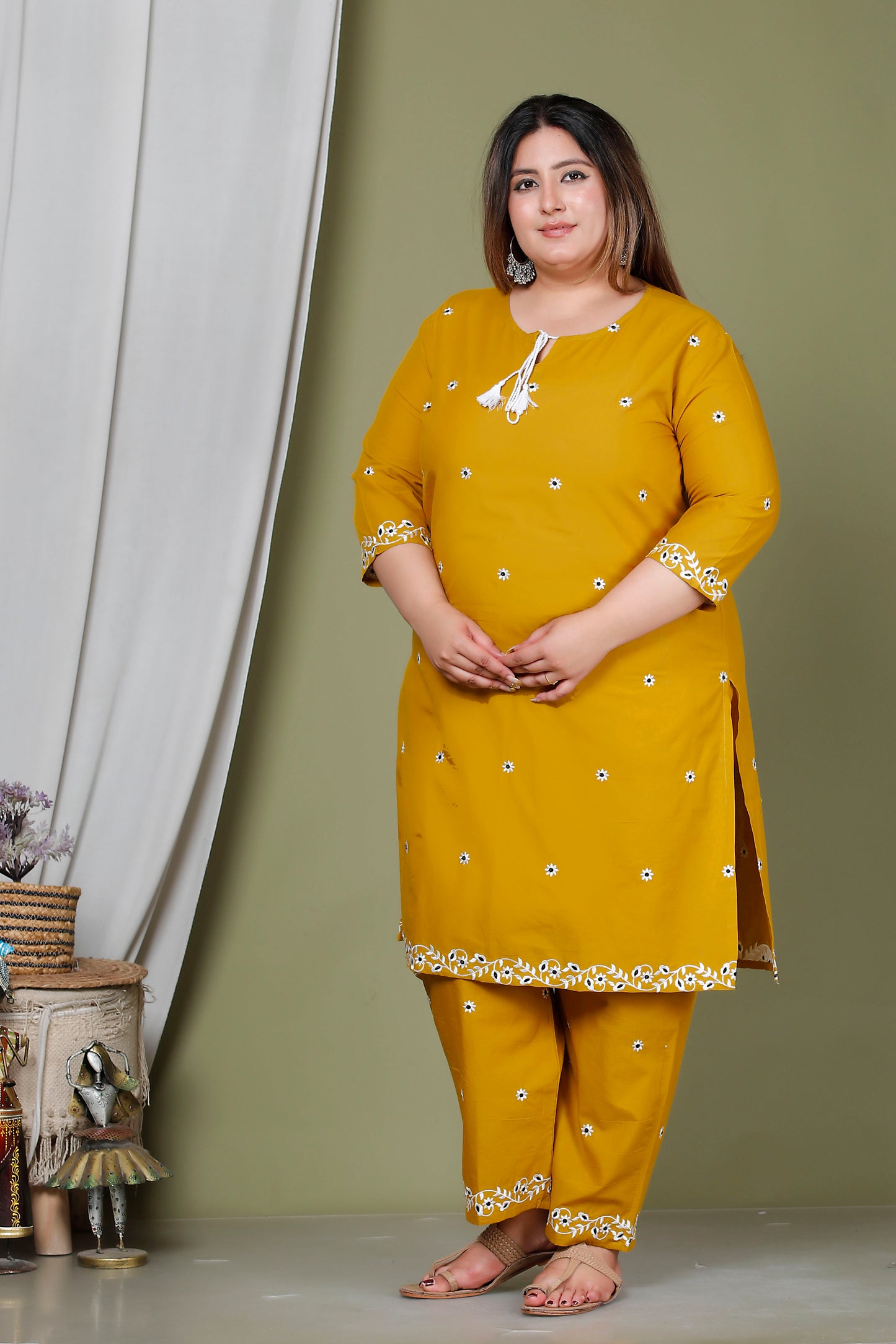 FLORAL EMBROIDERY BUTTI COTTON 2 PEICE KURTA PANT IN YELLOW BY PLUSSIZEKURTI