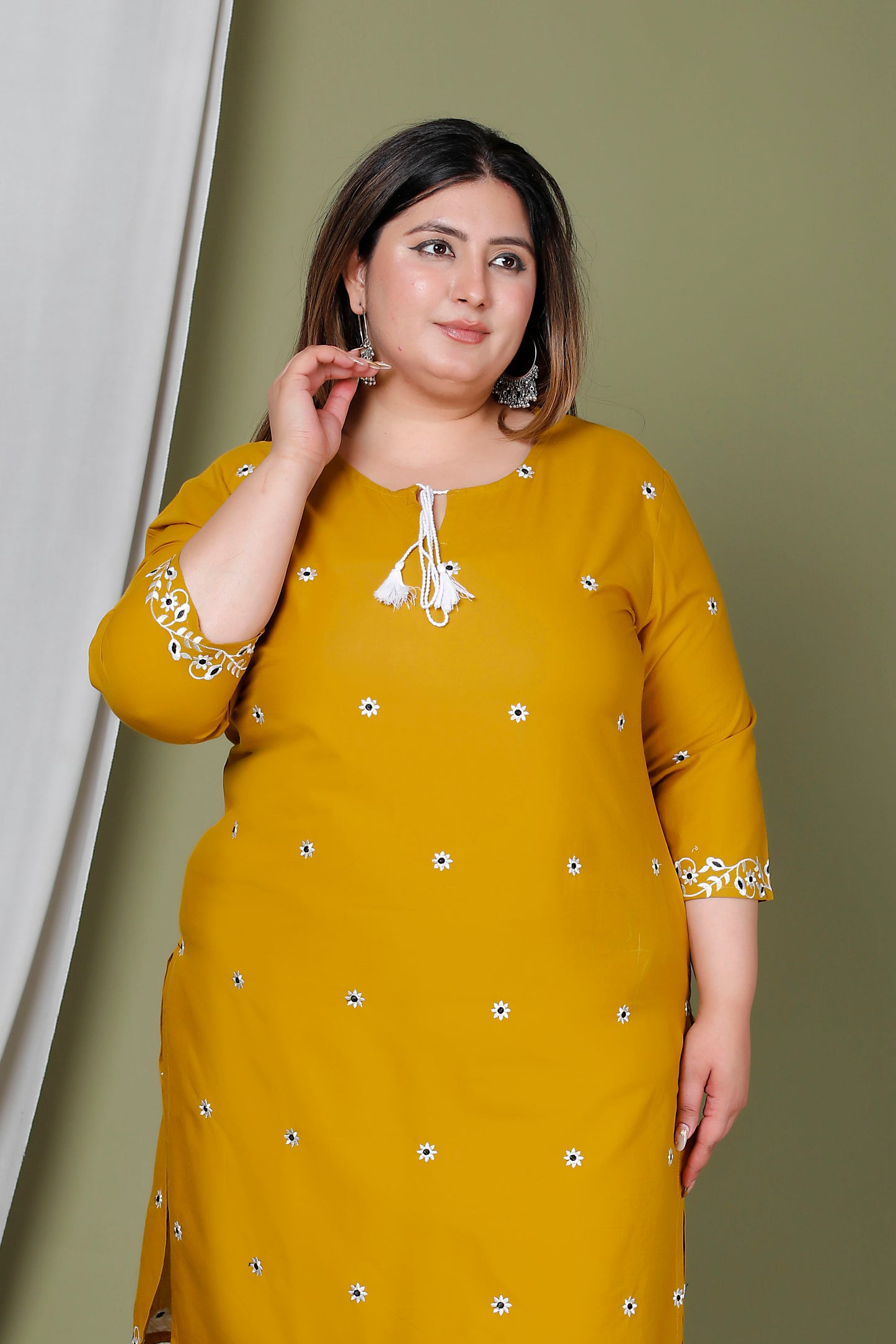FLORAL EMBROIDERY BUTTI COTTON 2 PEICE KURTA PANT IN YELLOW BY PLUSSIZEKURTI