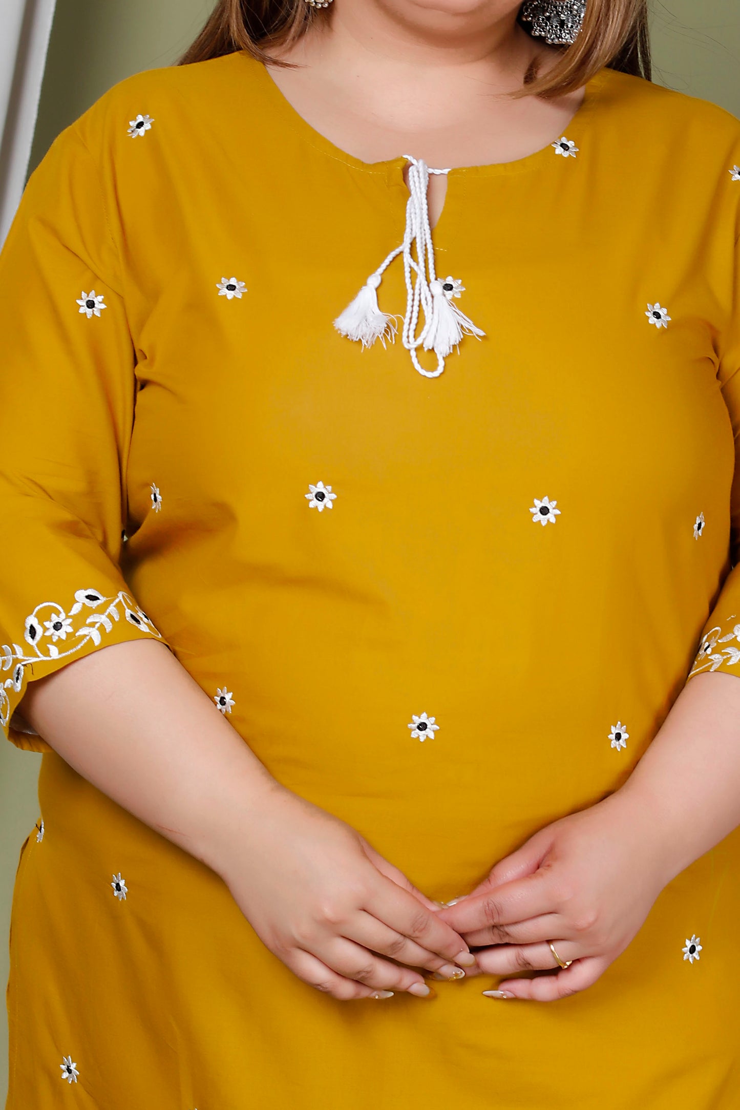 FLORAL EMBROIDERY BUTTI COTTON 2 PEICE KURTA PANT IN YELLOW BY PLUSSIZEKURTI