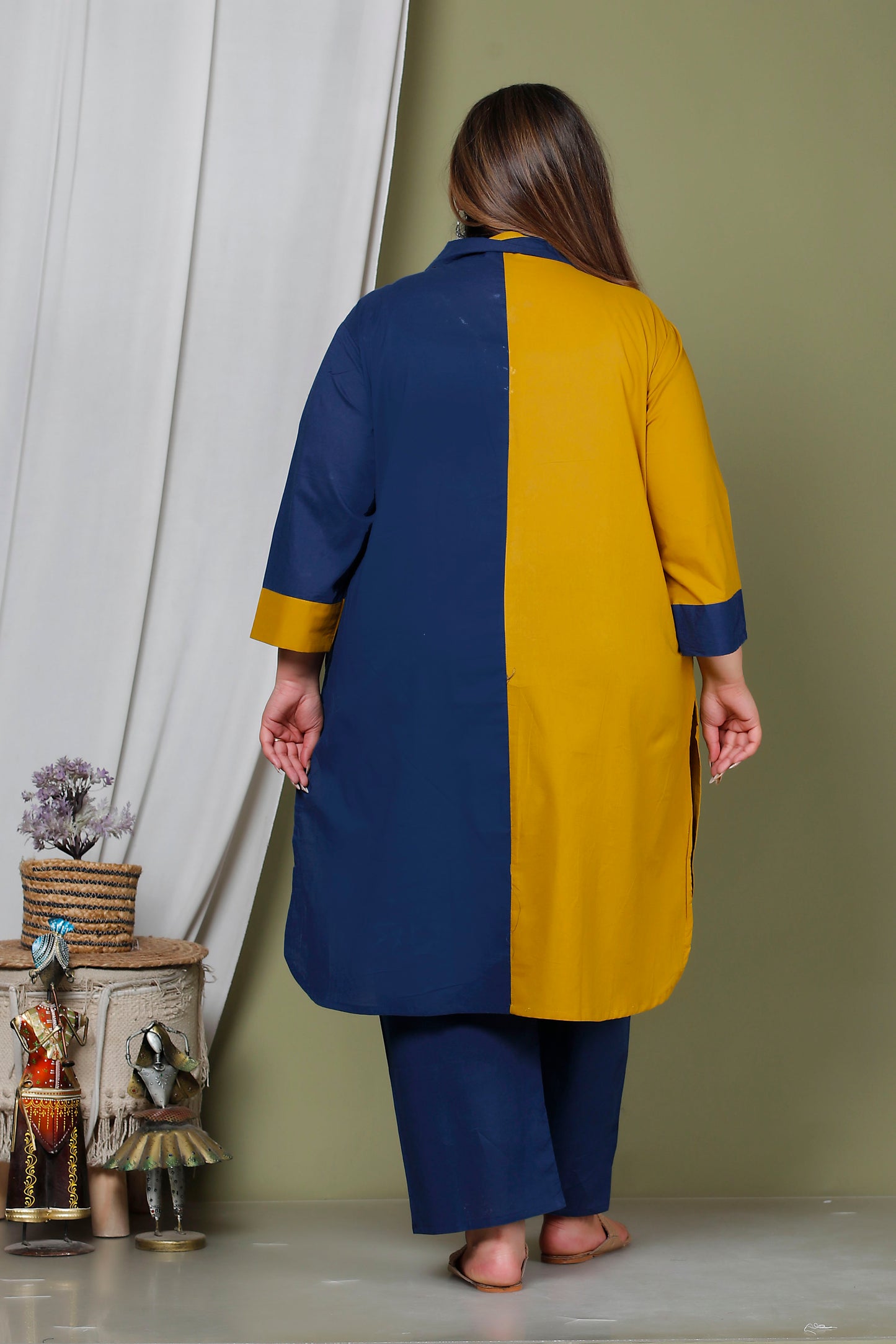 HALF HALF COTTON 2 PEICE KURTA PANT IN MUSTURD/BLUE BY PLUSSIZEKURTI
