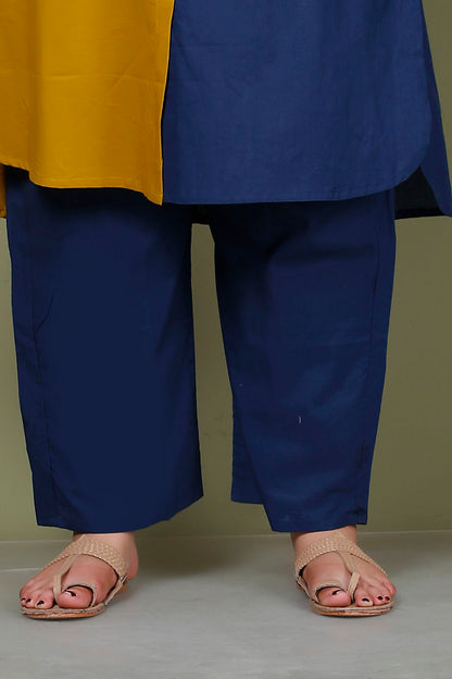 HALF HALF COTTON 2 PEICE KURTA PANT IN MUSTURD/BLUE BY PLUSSIZEKURTI