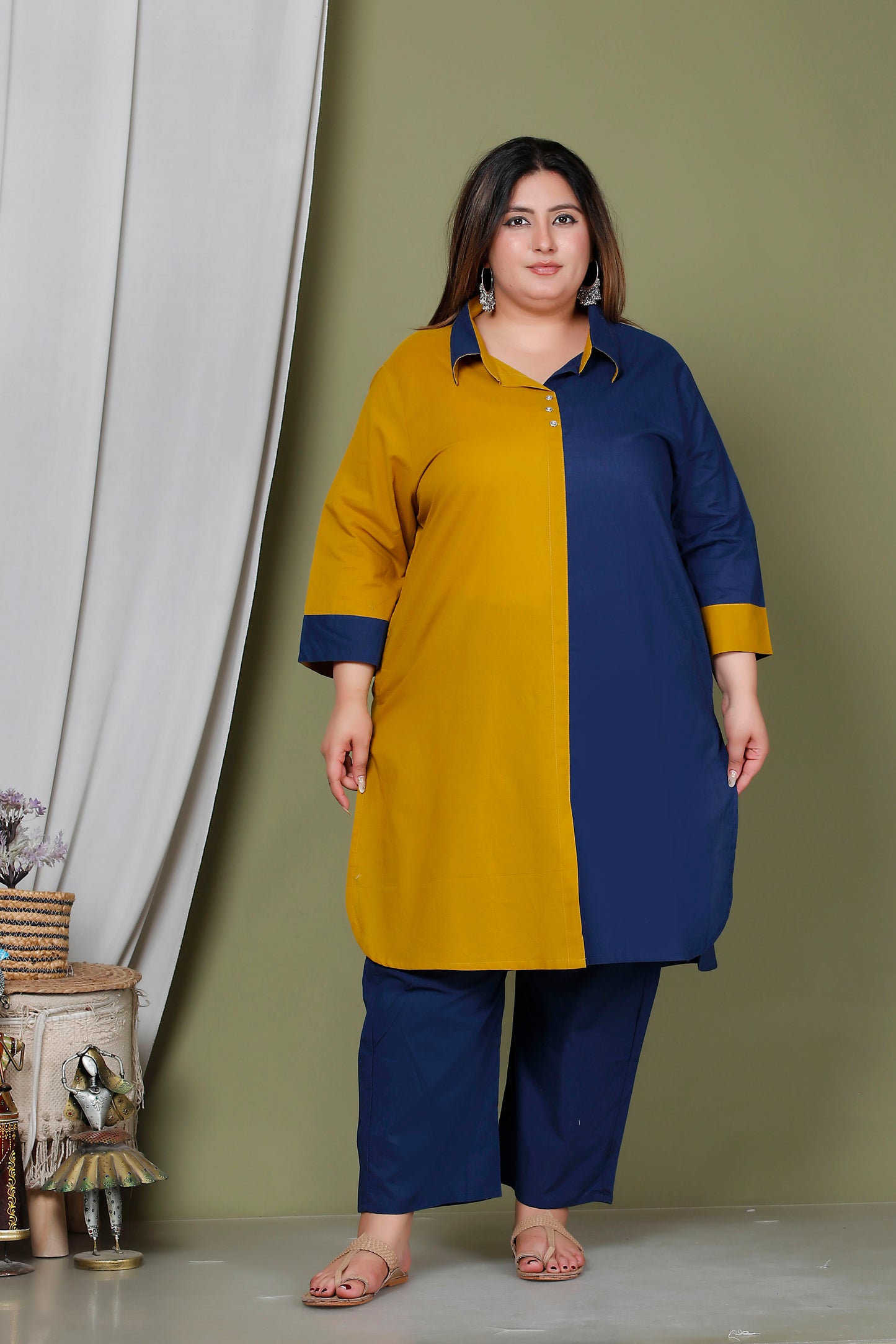 HALF HALF COTTON 2 PEICE KURTA PANT IN MUSTURD/BLUE BY PLUSSIZEKURTI