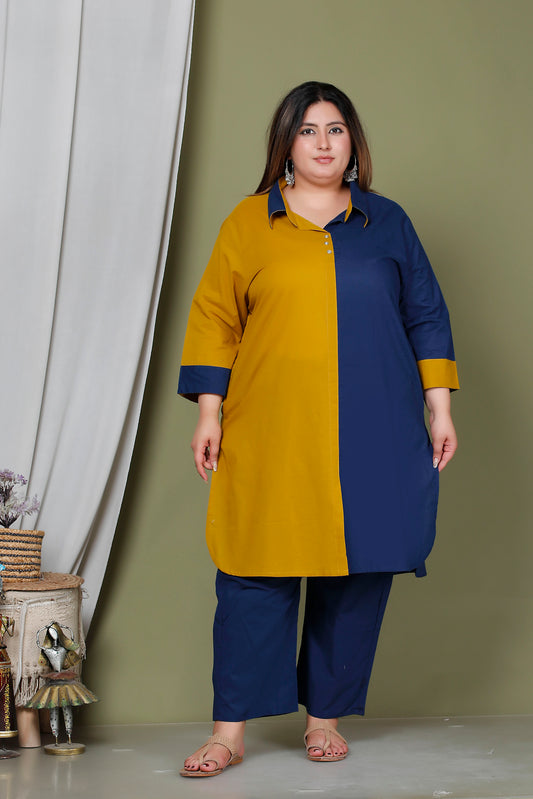 HALF HALF COTTON 2 PEICE KURTA PANT IN MUSTURD/BLUE BY PLUSSIZEKURTI
