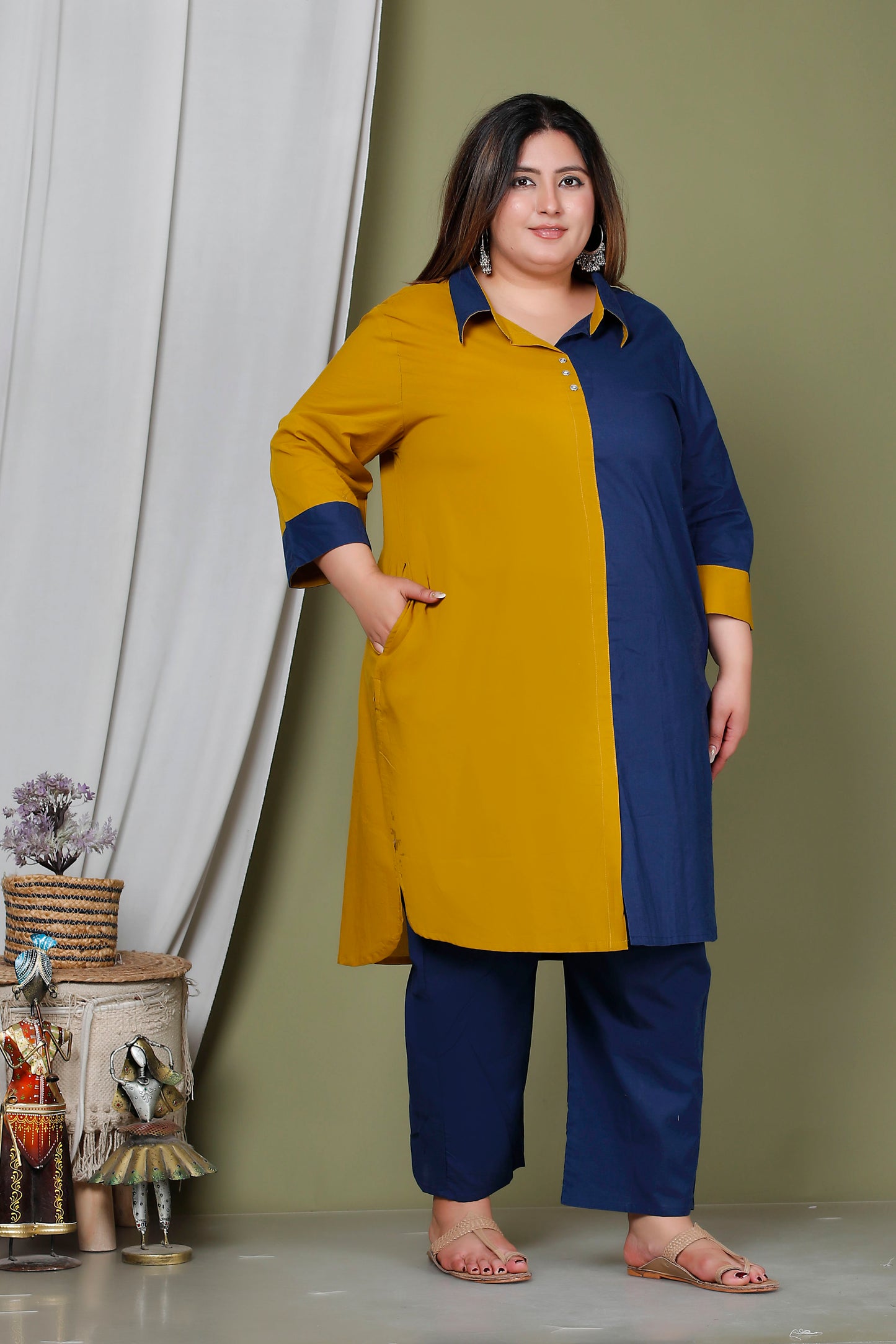 HALF HALF COTTON 2 PEICE KURTA PANT IN MUSTURD/BLUE BY PLUSSIZEKURTI