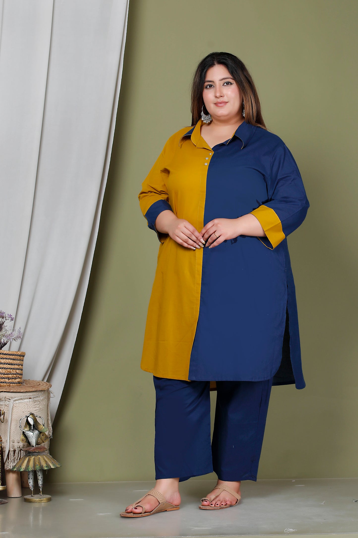 HALF HALF COTTON 2 PEICE KURTA PANT IN MUSTURD/BLUE BY PLUSSIZEKURTI
