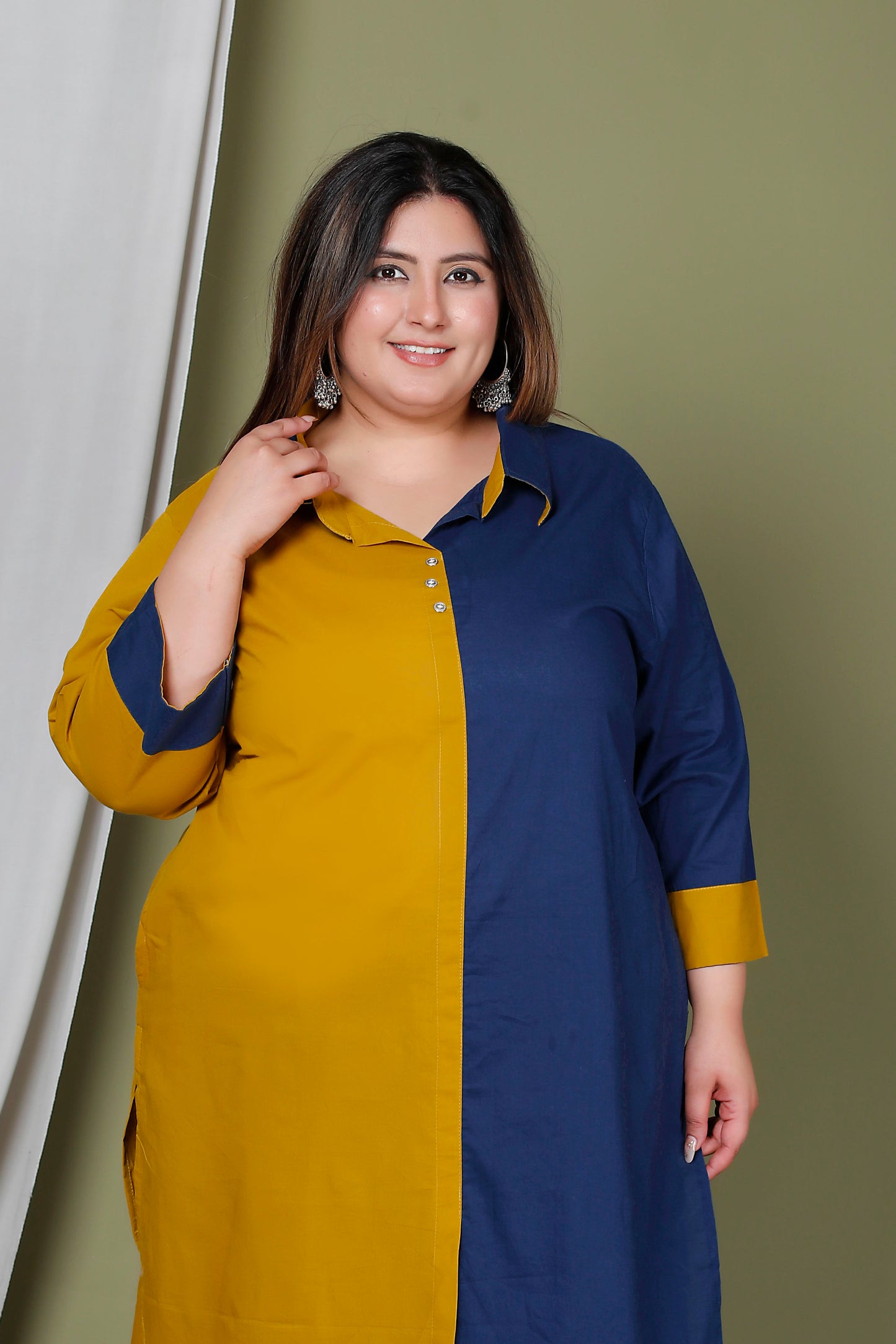 HALF HALF COTTON 2 PEICE KURTA PANT IN MUSTURD/BLUE BY PLUSSIZEKURTI