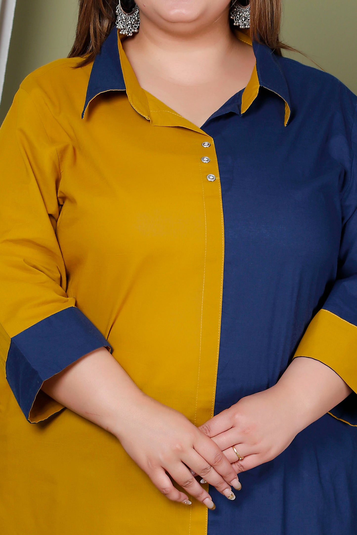 HALF HALF COTTON 2 PEICE KURTA PANT IN MUSTURD/BLUE BY PLUSSIZEKURTI