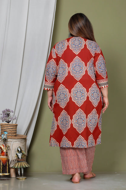 SYMMETRICAL FLORAL MOTIF PRINT COTTON 3 PEICE KURTA PANT IN RED RUST/ BLUE BY PLUSSIZEKURTI