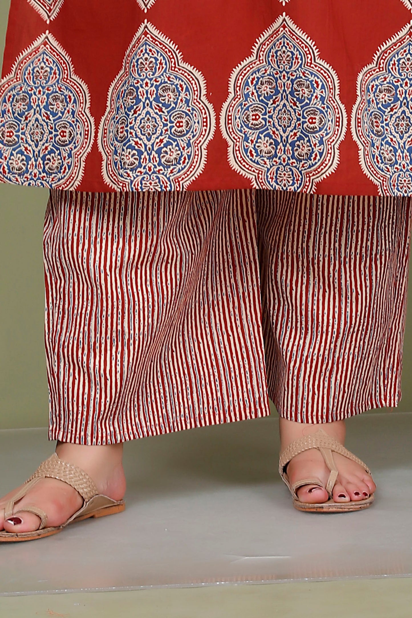 SYMMETRICAL FLORAL MOTIF PRINT COTTON 3 PEICE KURTA PANT IN RED RUST/ BLUE BY PLUSSIZEKURTI