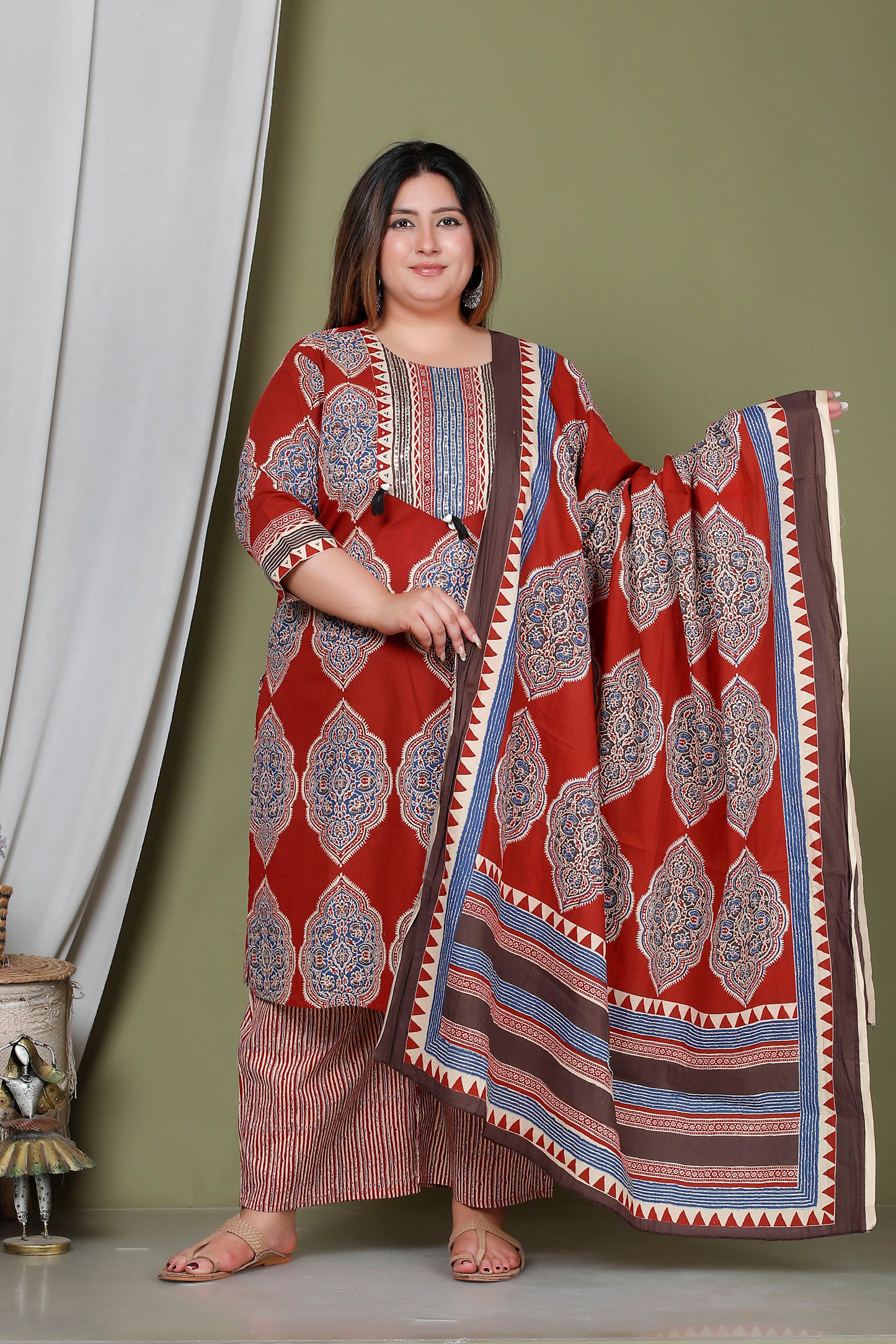 SYMMETRICAL FLORAL MOTIF PRINT COTTON 3 PEICE KURTA PANT IN RED RUST/ BLUE BY PLUSSIZEKURTI