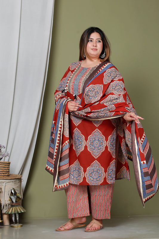 SYMMETRICAL FLORAL MOTIF PRINT COTTON 3 PEICE KURTA PANT IN RED RUST/ BLUE BY PLUSSIZEKURTI