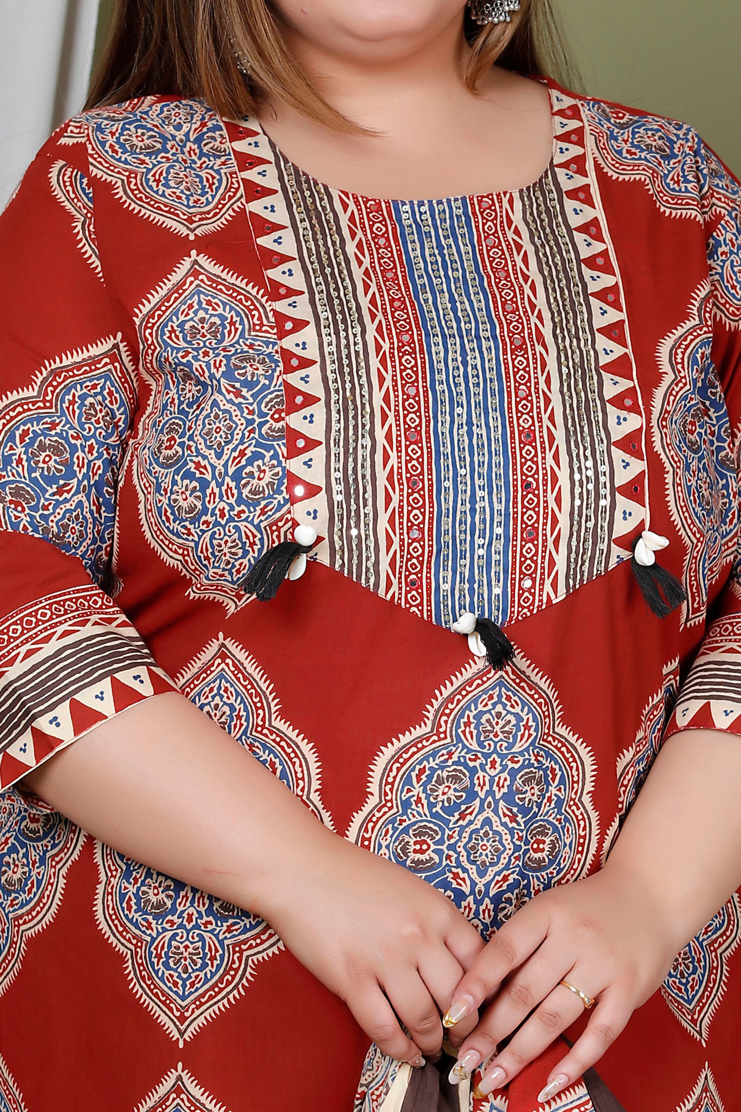 SYMMETRICAL FLORAL MOTIF PRINT COTTON 3 PEICE KURTA PANT IN RED RUST/ BLUE BY PLUSSIZEKURTI