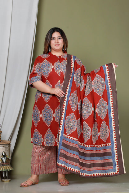 FLORAL MEDALLION MOTIF PRINT COTTON 3 PEICE KURTA PANT IN RED RUST/ BLUE BY PLUSSIZEKURTI