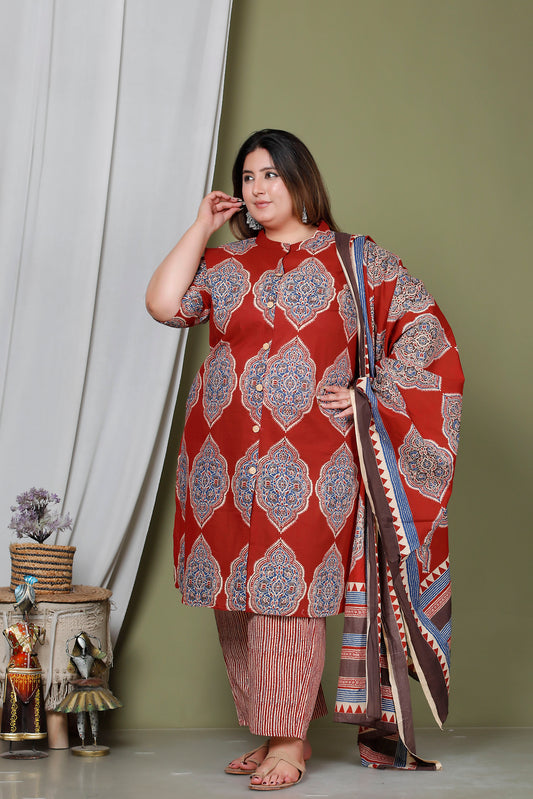 FLORAL MEDALLION MOTIF PRINT COTTON 3 PEICE KURTA PANT IN RED RUST/ BLUE BY PLUSSIZEKURTI