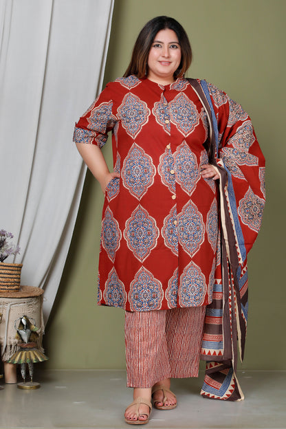 FLORAL MEDALLION MOTIF PRINT COTTON 3 PEICE KURTA PANT IN RED RUST/ BLUE BY PLUSSIZEKURTI