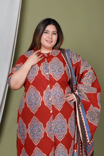 FLORAL MEDALLION MOTIF PRINT COTTON 3 PEICE KURTA PANT IN RED RUST/ BLUE BY PLUSSIZEKURTI